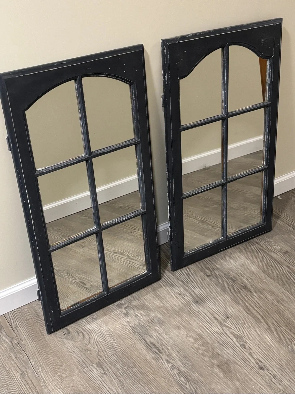 Vintage Rustic Black Distressed Windowpane Wall Mirror Set